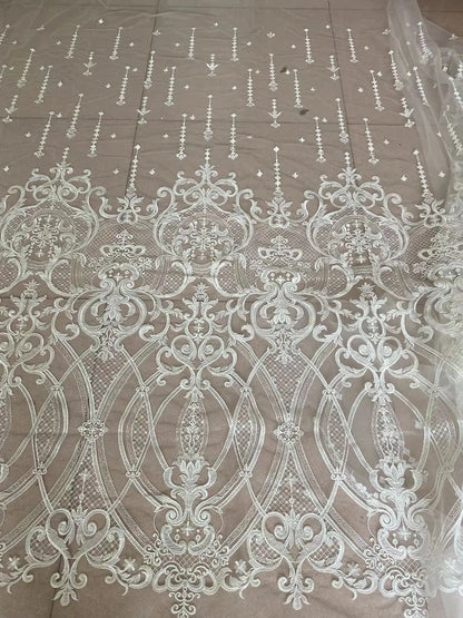 Tissu de robe de mariée blanche grande ligne de fleurs brodées tulle maille française ZLL-51215 tissu de dentelle africaine nigériane