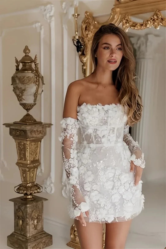 Women's Short Wedding Dresses Lace Floral Appliques Bridal Gown Strapless with Detachable Long Sleeves Flowers Prom Dress