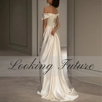 Robe de mariée sirène simple en satin blanc à épaules dénudées, robe de mariée unie sans bretelles, dos nu, traîne à balayage, robe de mariée