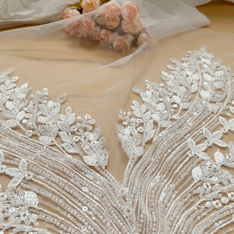 NOUVEAU Tissu en dentelle de mariée à paillettes perlées Personnalisation avancée Robe de mariée AB Ensemble devant Poitrine Dos Fleur RS4174