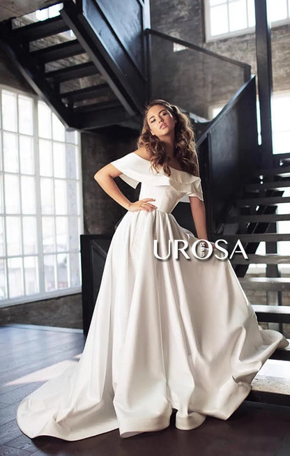 wedding Dress detachable Short-Sleeve Plus Size off the shouder Princess Robe de Mariee wedding gown satin A-line train