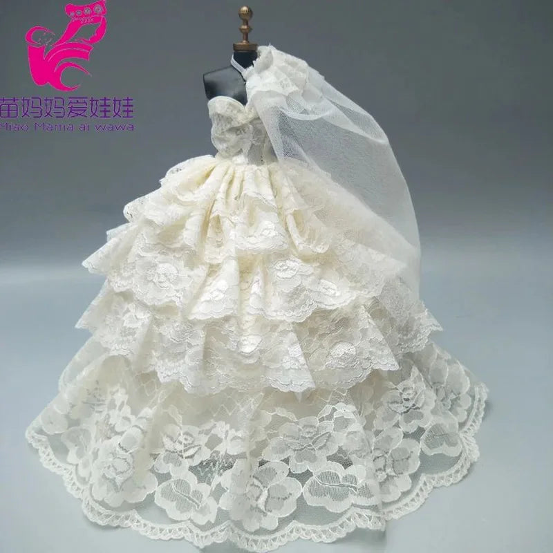 Free Shipping 1 Pcs 4 Layers Full Around Pink Lace Brided Dress for Barbie Doll Wedding Dress