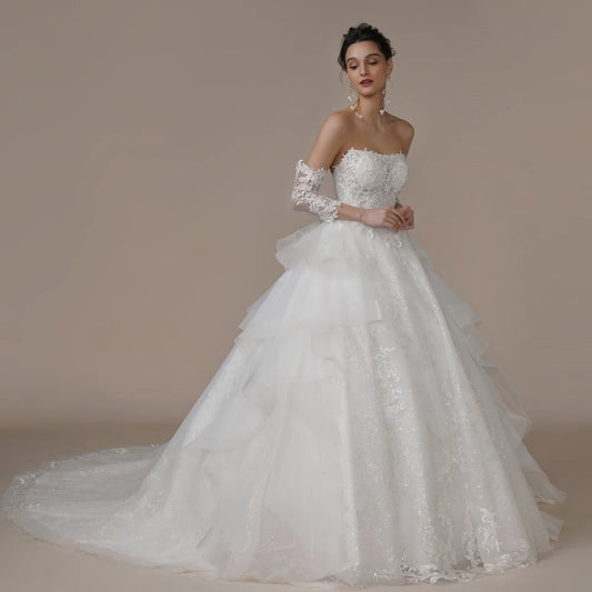 BEPEITHY Strapless A Line Glitter Wedding Dresses For Bride Sweep Train Ruffles Skirt Modern Princess Bridal Gown Ivory 2023 New