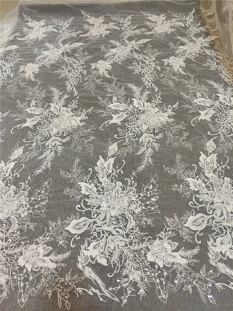 Luxury Pearl Sequin Embroidery Lace Fabric by Meter Flower Embroidered Couture Material For Wedding Dress Veil Costume Cloth