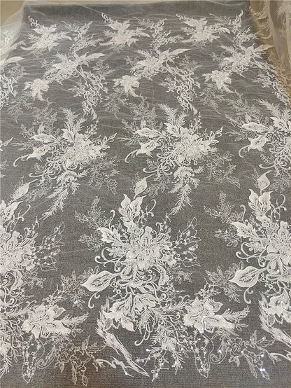 Tissu de dentelle brodé de luxe à paillettes et perles au mètre, matériel de couture brodé de fleurs pour robe de mariée, voile, costume