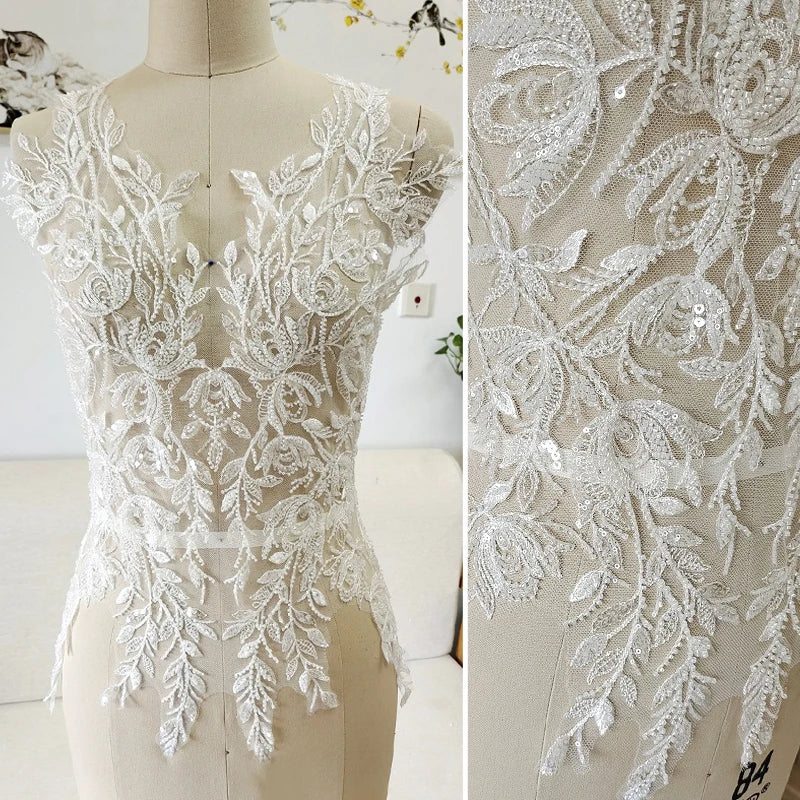 Nuevo aplique de encaje con lentejuelas y cuentas, flores en 3D para vestido de novia, tocado de novia, collar de encaje, parche de tela de encaje