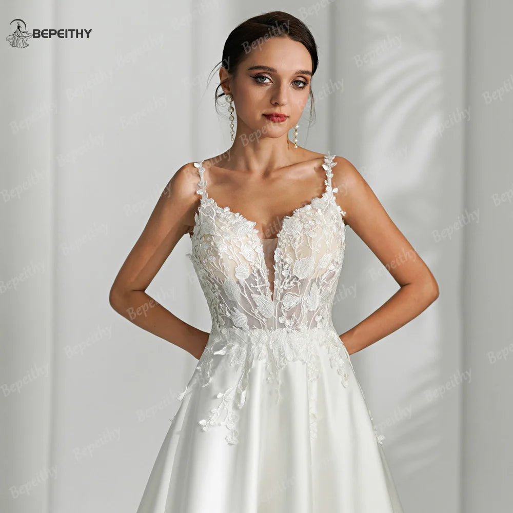 BEPEITHY Ivory Satin A Line Wedding Dresses For Women 2024 Sleeveless Lace Top Vintage Boho Bride New Bridal Gown