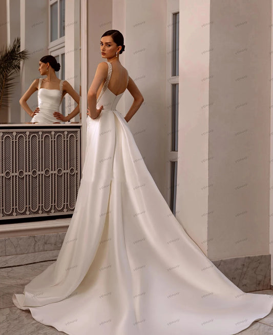 Vestidos de novia sencillos, vestidos de novia de satén, sexys, con cuello cuadrado, sin espalda, elegantes, para fiestas formales, elegantes vestidos de novia