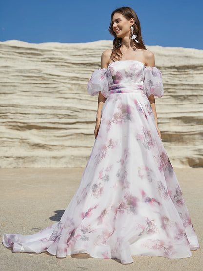 Elegantes vestidos de novia con flores rosas 2024 para mujer, con cordones en la espalda y mangas abullonadas, vestido de fiesta de organza color marfil para jardín