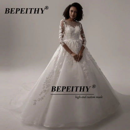 BEPEITHY Three Quarter Sleeves Lace Wedding Dresseas For Women Sexy Backless Wedding Bouguet A-Line Bridal Gowns With Belt New