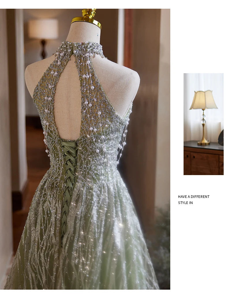 New Arrived Green Color Halter Neck A-Line Luxury Evening Dresses 2024 High-end Texture Beading Gown for Women Wedding Party