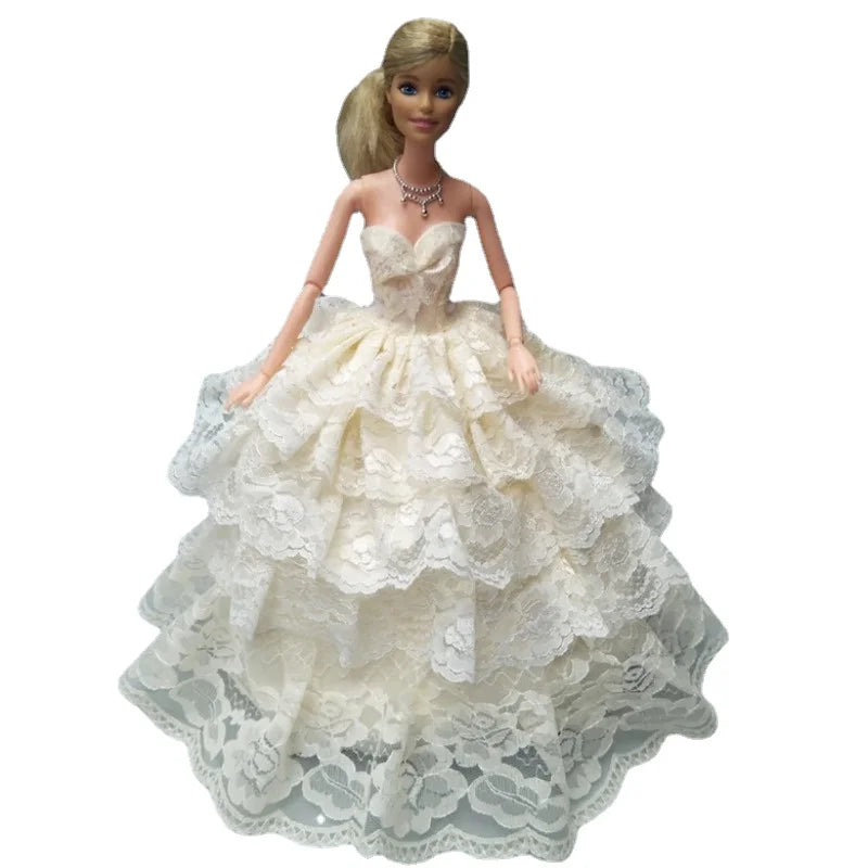 Free Shipping 1 Pcs 4 Layers Full Around Pink Lace Brided Dress for Barbie Doll Wedding Dress