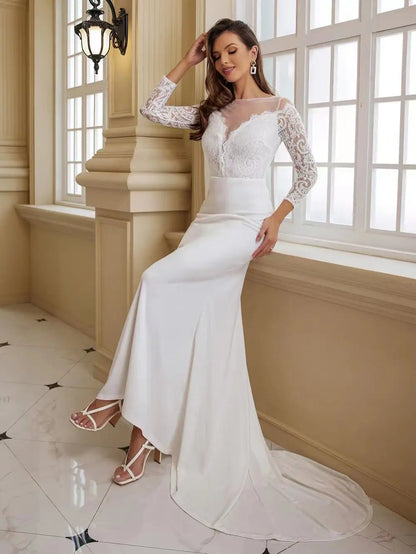 Grosfairy 2024 Nouvelle Arrivée Fête De Mariage Élégant Femmes Blanc Épaules Dénudées À Manches Longues Plancher Balayage Train Dentelle Soirée Robe