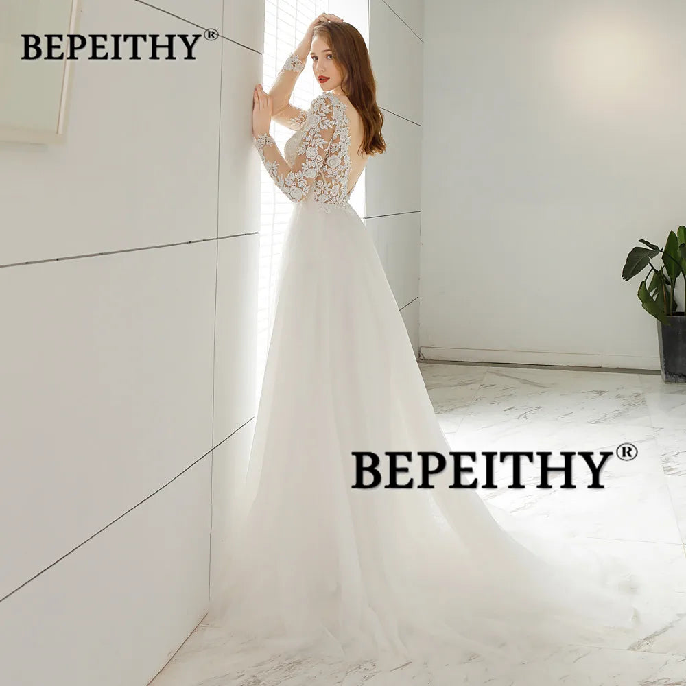 BEPEITHY Robe De Mariée Plage Robes De Mariée Pour Femmes Sexy Dos Nu Moderne Manches Longues Dentelle Robes De Mariée 2023 Vente Chaude