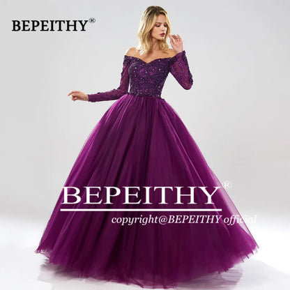 BEPEITHY Vestido de fiesta de noche de manga larga con cuello en V, elegante, sin tirantes, para graduación, quinceañera, para mujer, ocasión formal, 2023