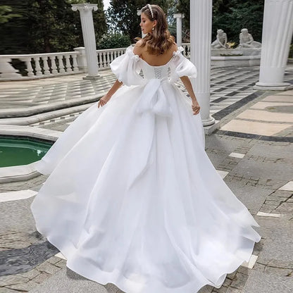 Elegante vestido de novia con abertura lateral alta, manga corta, corte A, hombros descubiertos, vestido de novia personalizado, talla grande