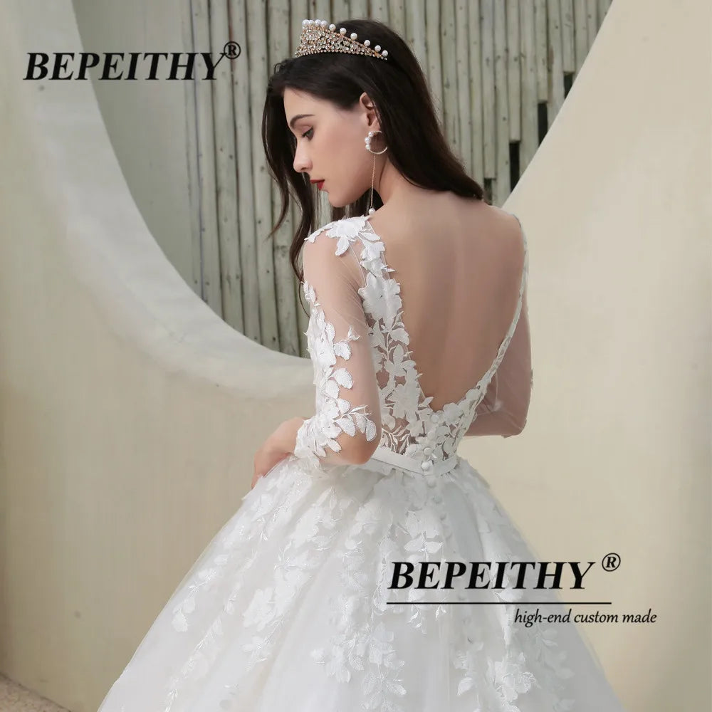 BEPEITHY Princess Lace Wedding Dress Long Sleeves Romantic Open Back Sexy Ball Gown Bride Wedding Gown Bridal For Women 2023