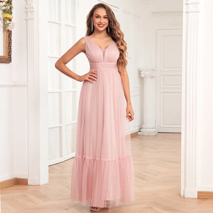 New Women Elegant V-neck Sleeveless Tulle Evening Dress A-Line Fluffy Gauze Wedding Bridesmaid Party Dress