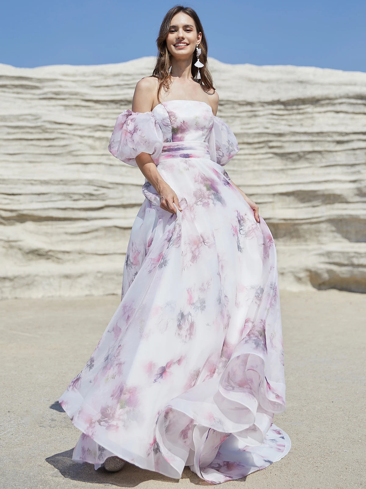 Elegantes vestidos de novia con flores rosas 2024 para mujer, con cordones en la espalda y mangas abullonadas, vestido de fiesta de organza color marfil para jardín