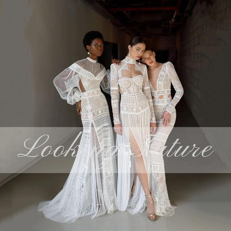 Robes de mariée dos nu bohème A-ligne manches longues longueur au sol robe de mariée sexy fente latérale haute plage robes de mariée simples 2024