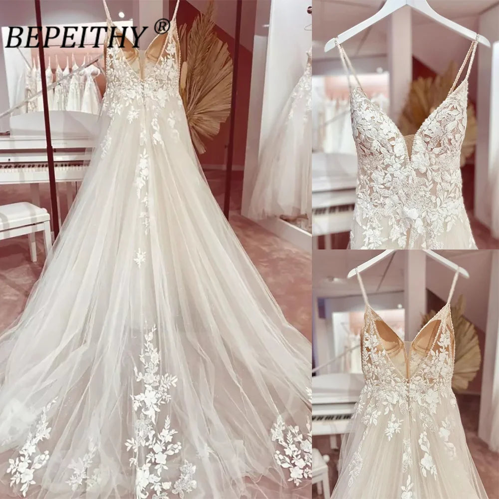 BEPEITHY Champagne Backless A Line Boho Bride Wedding Dresses Spaghetti Straps Sleeveless Summer Pleats Lace Bridal Gown 2023