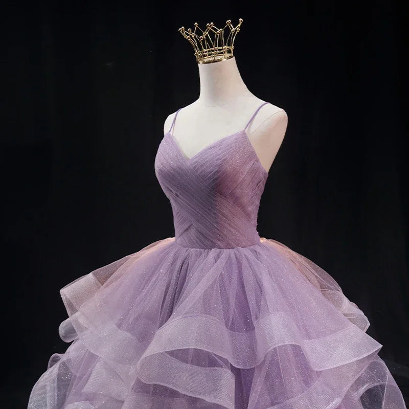 Robe de soirée violette en tulle plissé sans bretelles, sans manches, longueur au sol, grande taille, à lacets, robe de soirée pour femmes B2155