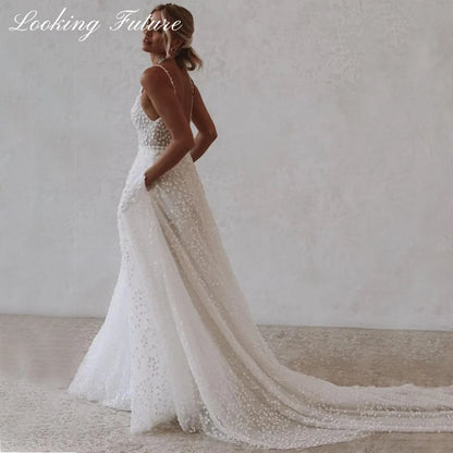 Elegant Tulle Wedding Dresse With Pocket Deep V-Neck Spaghetti Strap Bridal Gowns Beach Open Back Vestido de Novia Sweep Train