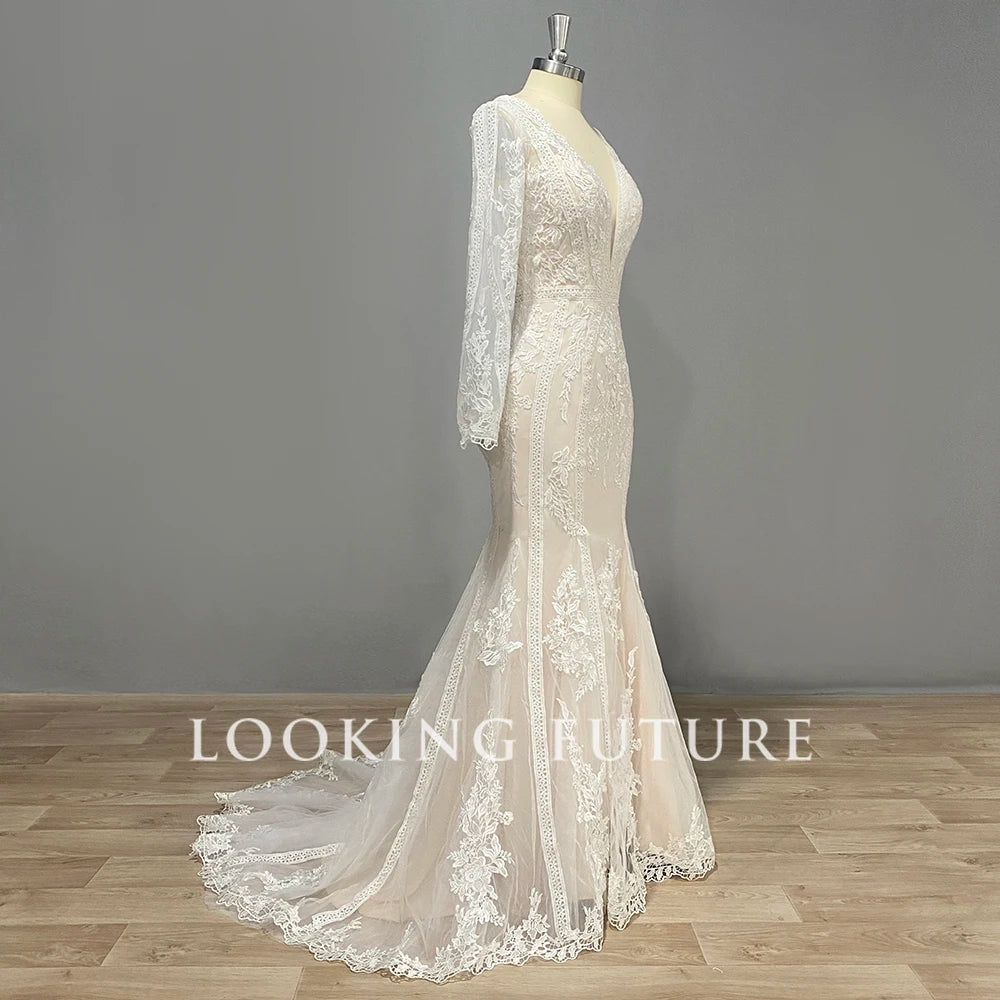 Modern Lace Mermaid Wedding Dress Long Sleeve V-Neck Sexy Illusion Back Bridal Gown Sexy Deep V Neck Vestidos De Novia Modernos