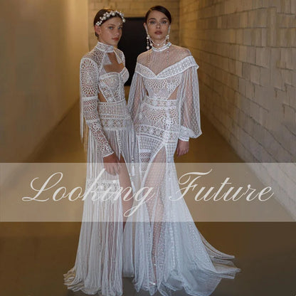 Boho Backless Wedding Dresses A-Line Long Sleeves Floor Length Robe De Mariee Sexy High Side Slit Beach Simple Bridal Gowns 2024