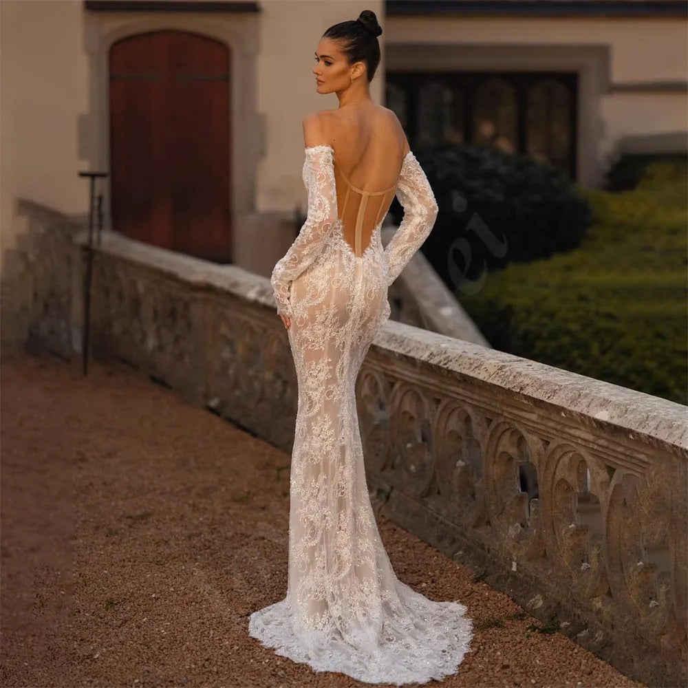 Charming Mermaid Lace Wedding Dresses With Long Sleeves Women Sweetheart Bride Dress Sexy Backless Off Shoulder Bridal Gowns