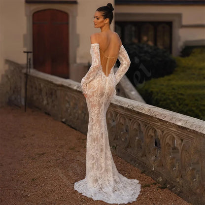 Encantadores vestidos de novia de encaje de sirena con mangas largas para mujer, vestido de novia con escote en forma de corazón, vestidos de novia sexis con espalda descubierta y hombros descubiertos