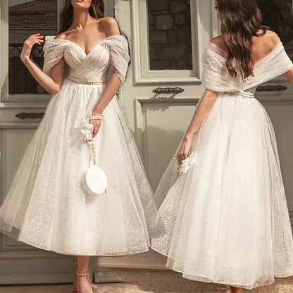 Ladies Wedding Dress 2024 Elegant A-line Bridesmaid Wedding Dress Thin Gauze Dotted Mesh Thin Gauze Beach Short Bridal Dress