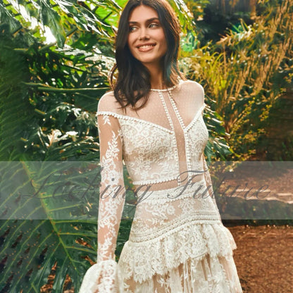 Vestidos de novia largos con escote redondo y botones y mangas abullonadas de encaje moderno, estilo bohemio, con pliegues escalonados y bordados, vestidos de novia de manga larga