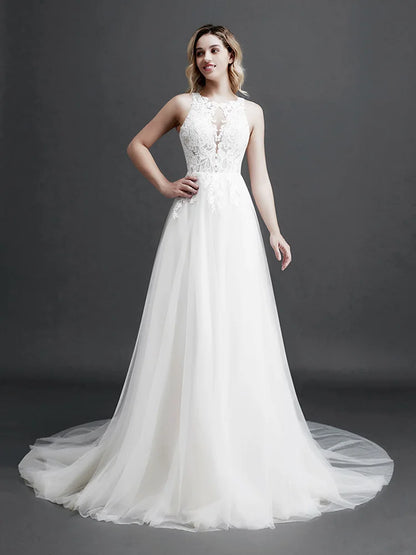 Robe de mariée en dentelle sans manches pour femme, couleur de peau, tempérament, appliques de fleurs 3D, robes de soirée, nouvelle collection 2024