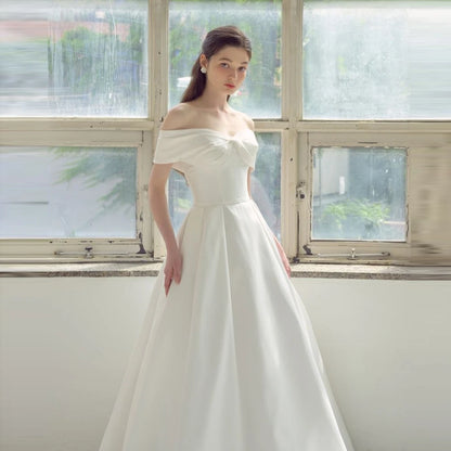 Robe de mariée en satin robe de bal à épaules dénudées dos transparent manches courtes grande taille pour femmes princesse robe de mariée