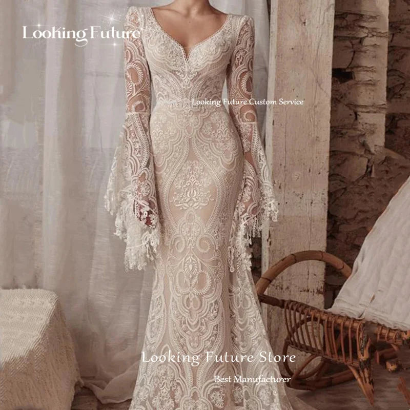 Boho Mermaid Wedding Dresses Long Sleeve Pleat Sexy Lace Illusion Bridal Gowns V-Neck Backless Zipper Sweep Train Vestidos 2024