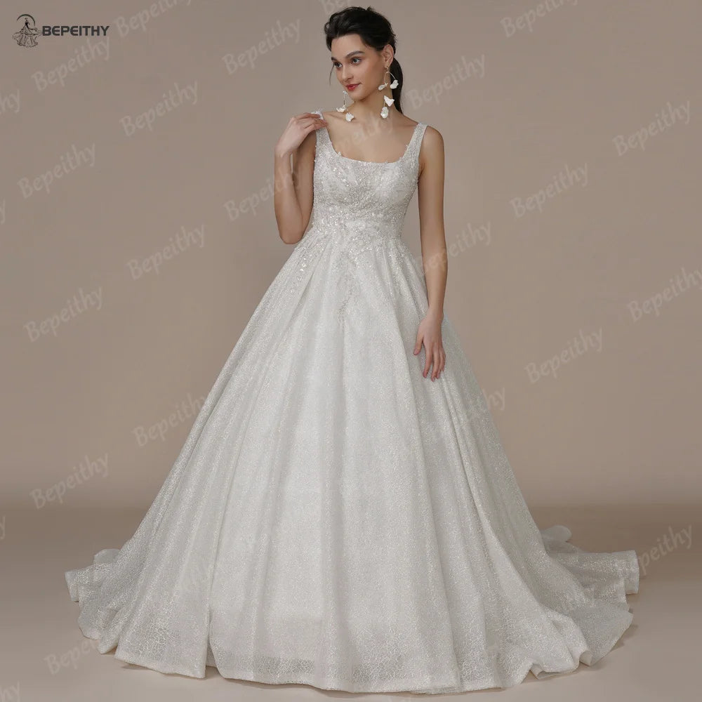 BEPEITHY Exquisite Glitter A Line Wedding Dresses Sleeveless Court Train Princess Sexy Open Back Modern Bride Ivory Bridal Gown