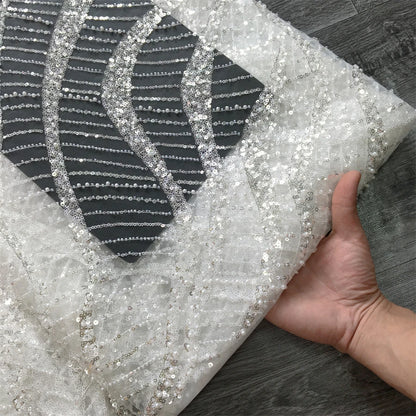 Luxury Heavy Beaded African Lace Fabric Sequins Nigerian French Net Lace Fabric High Quality For Diy Dress Sew Wedding F3814