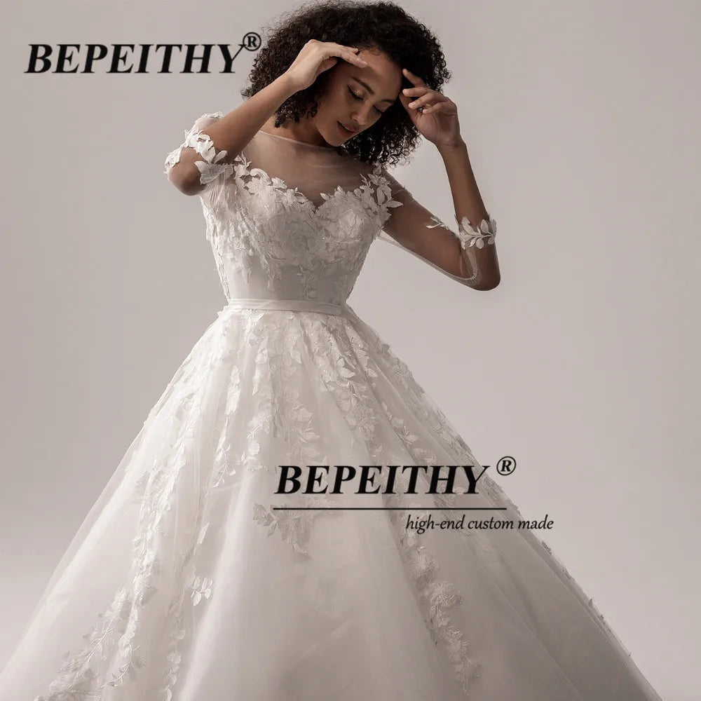 BEPEITHY Three Quarter Sleeves Lace Wedding Dresseas For Women Sexy Backless Wedding Bouguet A-Line Bridal Gowns With Belt New