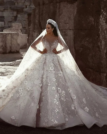 Diseño Dubai real manga larga Apliques de encaje flores de cristal vestido de novia de lujo свадебное платье vestidos de novia