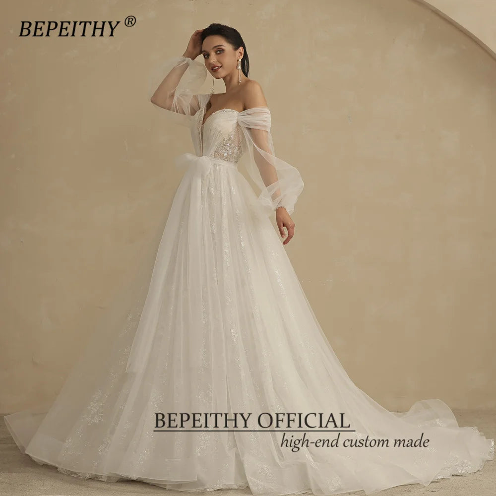 BEPEITHY Lovely A Line Lace Wedding Dress For Women 2023 Bride Off The Shoulder V Neck Puffy Sleeves Wedding Dresses Bridal