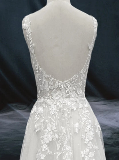 ZOCI Robe de mariée en dentelle florale pour femme, sans manches, décolleté en V profond, dos nu, ligne A, robe de mariée sexy