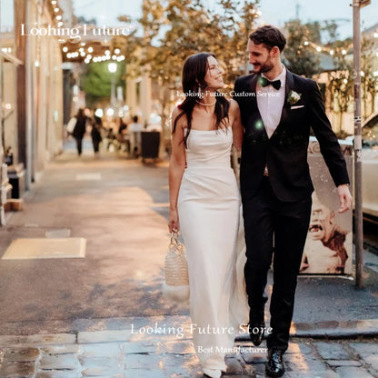 Vestidos de novia sencillos de satén blanco 2024 sin mangas sirena sin espalda con botones vestidos de novia sin tirantes vestido de fiesta hecho a medida