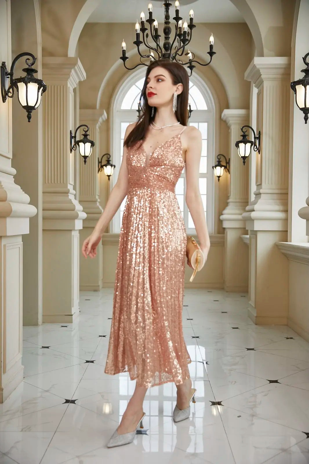 Sexy Wedding Guest Dress 2024 Women's Rose Gold Open Back Slim Fit Tank Top Sleeveless Party Famous Cocktail Party Dress