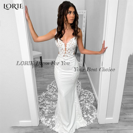 LORIE Vestidos de novia de sirena con encaje vintage, escote en V profundo, apliques, cola de cepillo, vestidos de novia ajustados, vestido de novia con tirantes finos