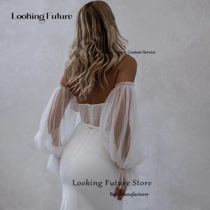 Robe de mariée sirène blanche simple en tulle à épaules dénudées, élégante robe de mariée plissée à fente haute, traîne à balayage, dos nu, fermeture éclair