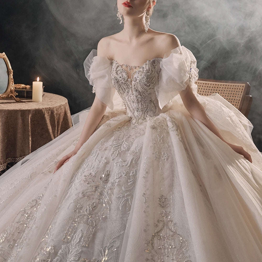 Jancember Romantique Tiptop Robes De Mariée Pour Femmes Organza Col Bateau Manches Courtes Paillettes Train Chapelle Robe De Noiva