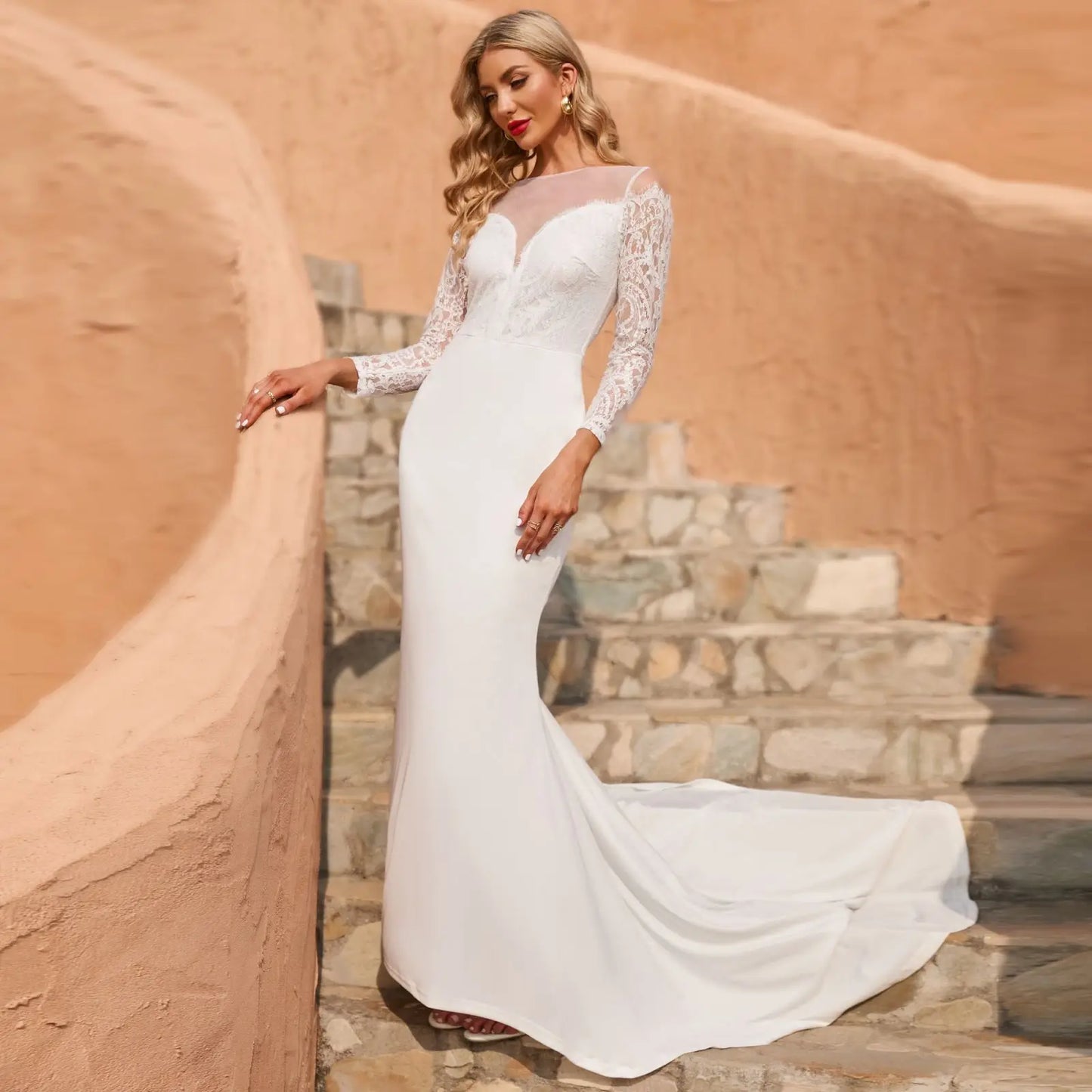 Grosfairy 2024 Nouvelle Arrivée Fête De Mariage Élégant Femmes Blanc Épaules Dénudées À Manches Longues Plancher Balayage Train Dentelle Soirée Robe