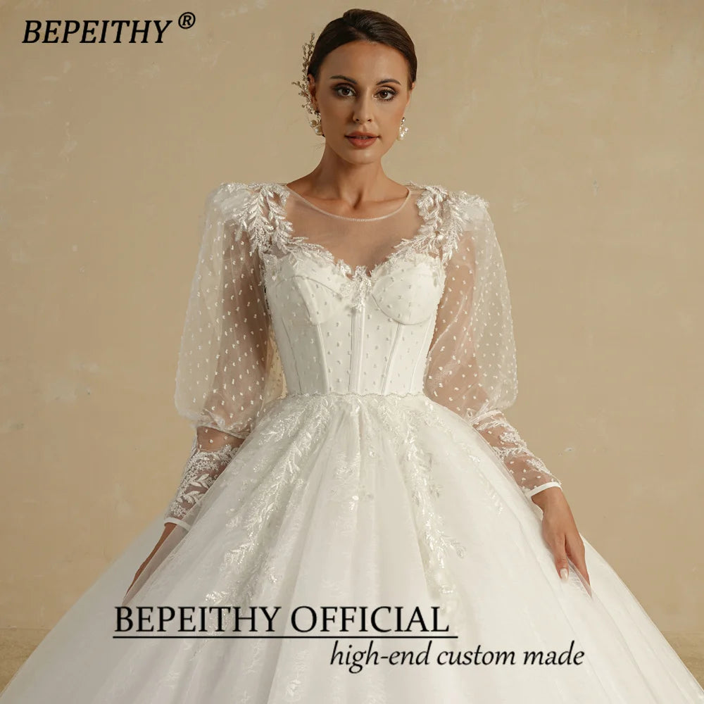 BEPEITHY Vestidos de novia de encaje de princesa marfil 2022 para mujer Vestido de novia con escote corazón y chaqueta Vestidos de cola de corte