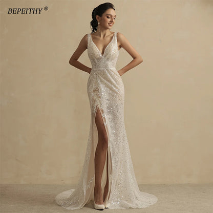 BEPEITHY Luxury Shinny Princess Wedding Dresses For Women 2022 Full Sleeves Scoop Pearls Vintage Ball Bridal Gown Chapel Train